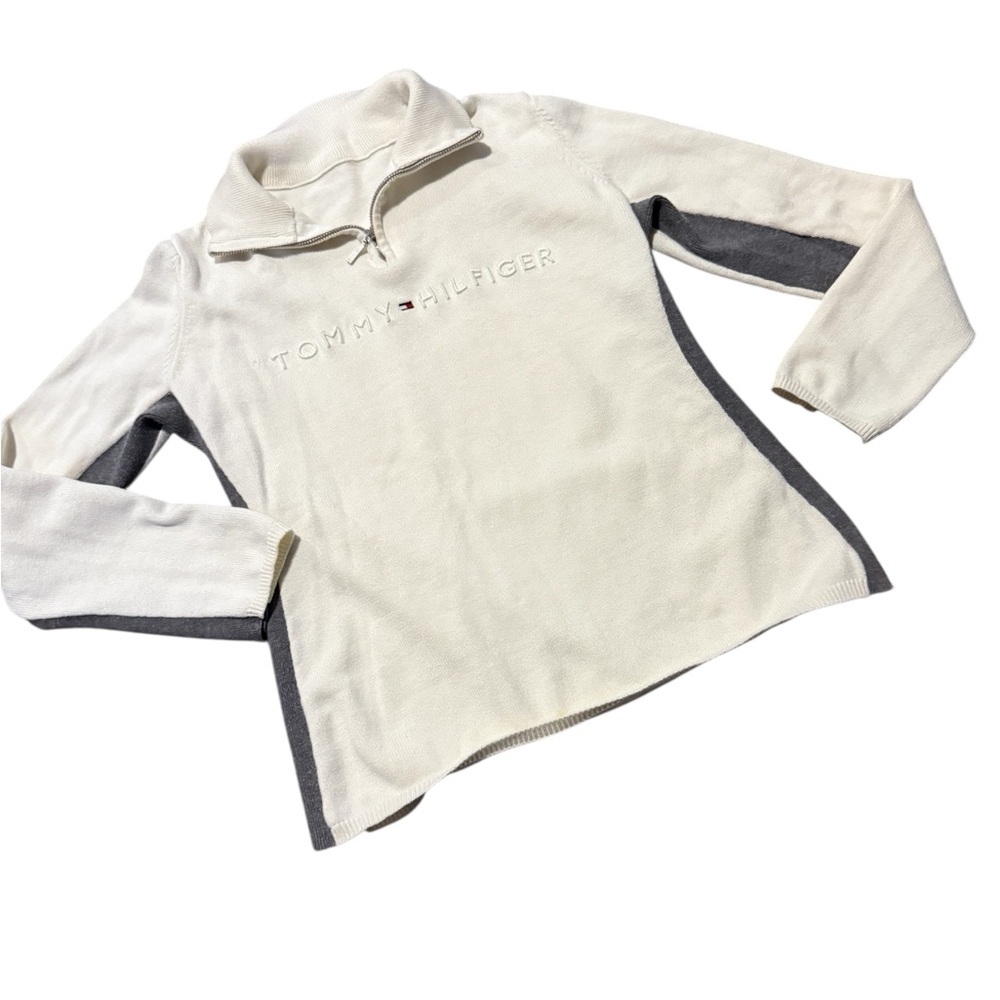 Tommy Hilfiger Sweater, Ivory/Gray Quarter-Zip, front logo, sz S/M